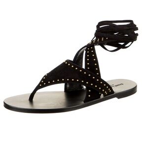 Saint Laurent Black/Gold Studded Wraparound Gia Flat Gladiator Sandals Size 39